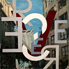 a collage of letters and buildings in an urban setting