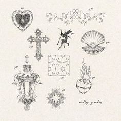 Schematic Tattoo Ideas, Romantic Goth Tattoo, Handpoke Flash, Gotik Tattoo, Spiritual Tattoo, Small Girly Tattoos, Tattoo Flash Sheet, Cross Heart, Flash Sheet