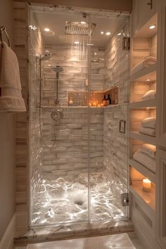 a walk in shower sitting inside of a bathroom