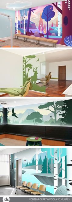 three different views of the interior of a house with trees and mountains painted on it