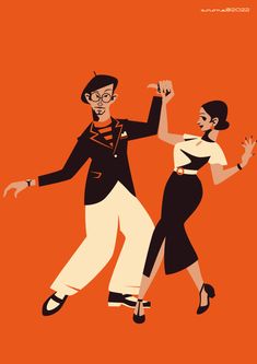 two people are dancing together on an orange background