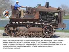 an old rusty tractor with a man sitting on it's front end and the caption below