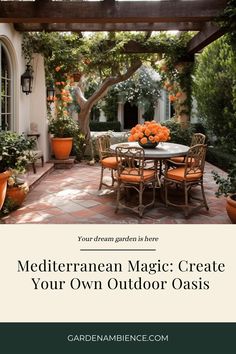 an outdoor dining area with orange chairs and potted plants