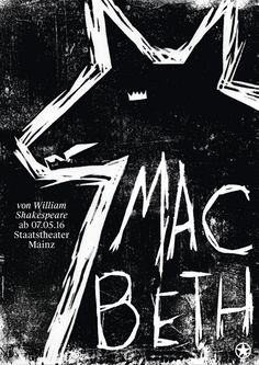 a poster with the words mac beth written in white ink on a black and white background