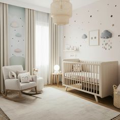 a baby's room with a rocking chair and crib