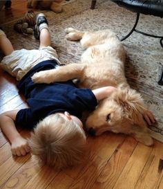 a young boy laying on the floor next to a dog