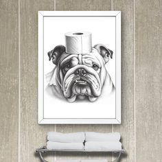 a drawing of a bulldog with a roll of toilet paper on it's head