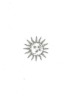 a black and white drawing of a sun with a face on it's side