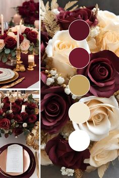 the table is set with red and white flowers, gold plates, candles and napkins