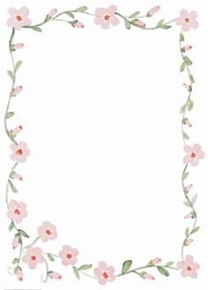 a floral frame with pink flowers and green leaves on the edges, in watercolor