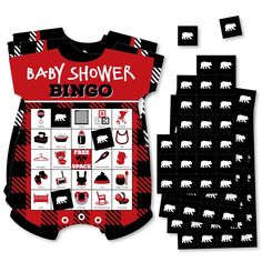 a baby shower game with bear images on the front and back, all in black and red