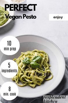 the ingredients to make pesto pasta on a plate