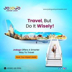 an advertisement for jojogo air port asia, with a woman walking down the stairs