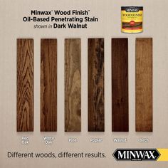 several different types of wood stain for furniture and flooring, including white oak, red oak