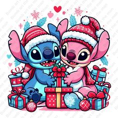 two cartoon characters with christmas presents