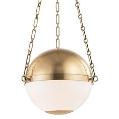 a brass colored light hanging from a chain