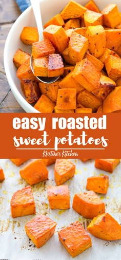 roasted sweet potatoes in a white bowl and on a baking sheet with the title overlay