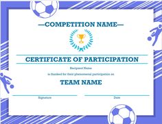 a certificate with soccer balls and a trophy in the center, on a blue background