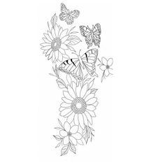 a line drawing of flowers and butterflies