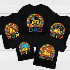 three shirts with legos on them that say,'mom, dad, and baby