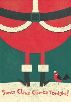 a christmas card with santa claus's hat and two birds