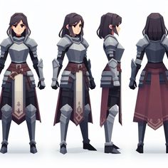 four different views of the armor worn by characters in an animated video game, including two women and one man