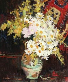 a painting of white and yellow flowers in a vase