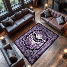 a living room with leather couches, candles and a bat rug on the floor