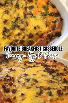 the casserole is topped with sausage and cheese