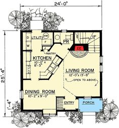 a floor plan for a small house with an open kitchen and living room, as well as