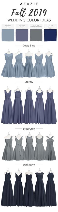 the different colors of dresses are shown in this image, and each color is blue