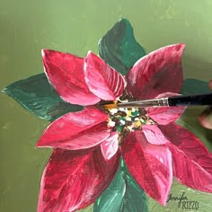 a person is painting a poinsettia with acrylic paint on canvas