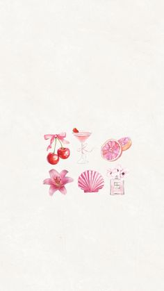 an image of food and drink on the side of a white wall with pink flowers