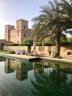 an outdoor swimming pool in front of a large building with palm trees and lounge chairs