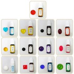 several different types of medicine bottles are arranged in a square pattern on a white background