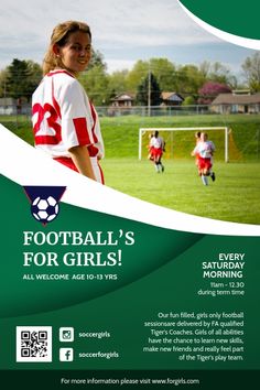 a green and white flyer for a girls soccer game with two players on the field