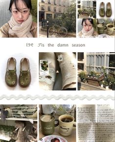 a collage of photos with various pictures and words on them, including shoes, hats, scarves