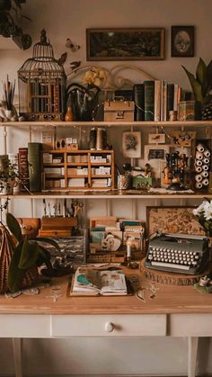 a desk with many items on it and some plants in the corner next to it