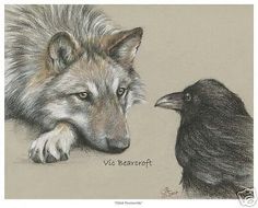 a drawing of a wolf and a crow