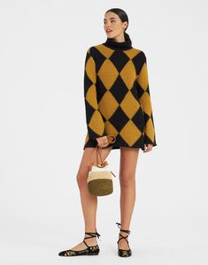 Argyle Mini Dress in Black & Mustard for Women | La DoubleJ US High Turtleneck, Intarsia Patterns, High Neck Jumper, Roll Neck Jumpers, Mini Dress Black, Argyle Sweater, We Made It, Alpaca Wool, Ribbed Sweater