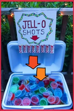 an ice chest filled with jell - o shots and two arrows pointing to the top