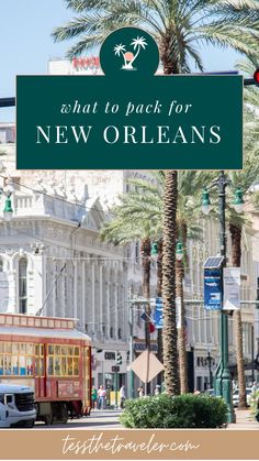 a street sign that says, what to pack for new orleans with palm trees in the foreground