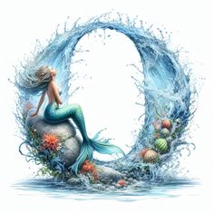 a painting of a mermaid sitting on top of a rock with water splashing around it