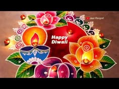 happy diwali with colorful flowers and candles