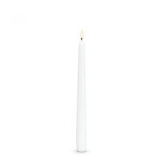 a white candle is lit on a white background