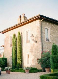 a car parked in front of a house with hedges on both sides and potted plants along the driveway