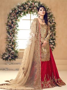 Gleamed | Pakistani Designer Outfit | Sarosh Salman Bridal Mehndi Dresses, Pakistani Culture, Mehndi Dresses, Designer Outfit, Geometric Inspiration, Fancy Dress Design, Crimson Red, Net Dupatta, Bridal Mehndi