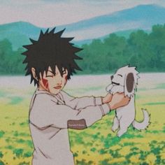 an anime character holding a dog in the grass