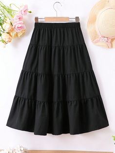 Tween Girls' Fashionable Patchwork Wide Hem Half-Length Skirt For Summer Black Casual   Polyester Plain Layered/Tiered Non-Stretch  Tween Girls Clothing, size features are:Bust: ,Length: ,Sleeve Length: Summer Black, Summer Skirts, Knee Length Skirt, Casual Girl, Black Casual, Girls Clothing, Denim Wash, Colorful Leggings, Long Skirt