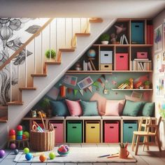 a room filled with lots of toys and bookshelves next to a stair case